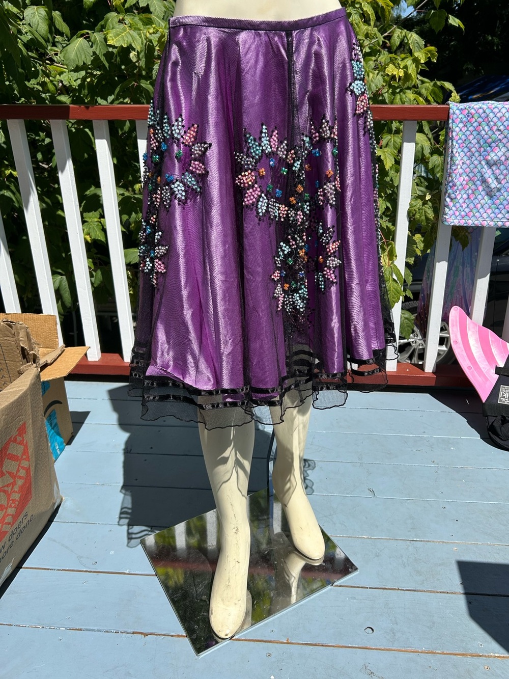 Purple Midi Skirt with Beaded Floral Embellishment